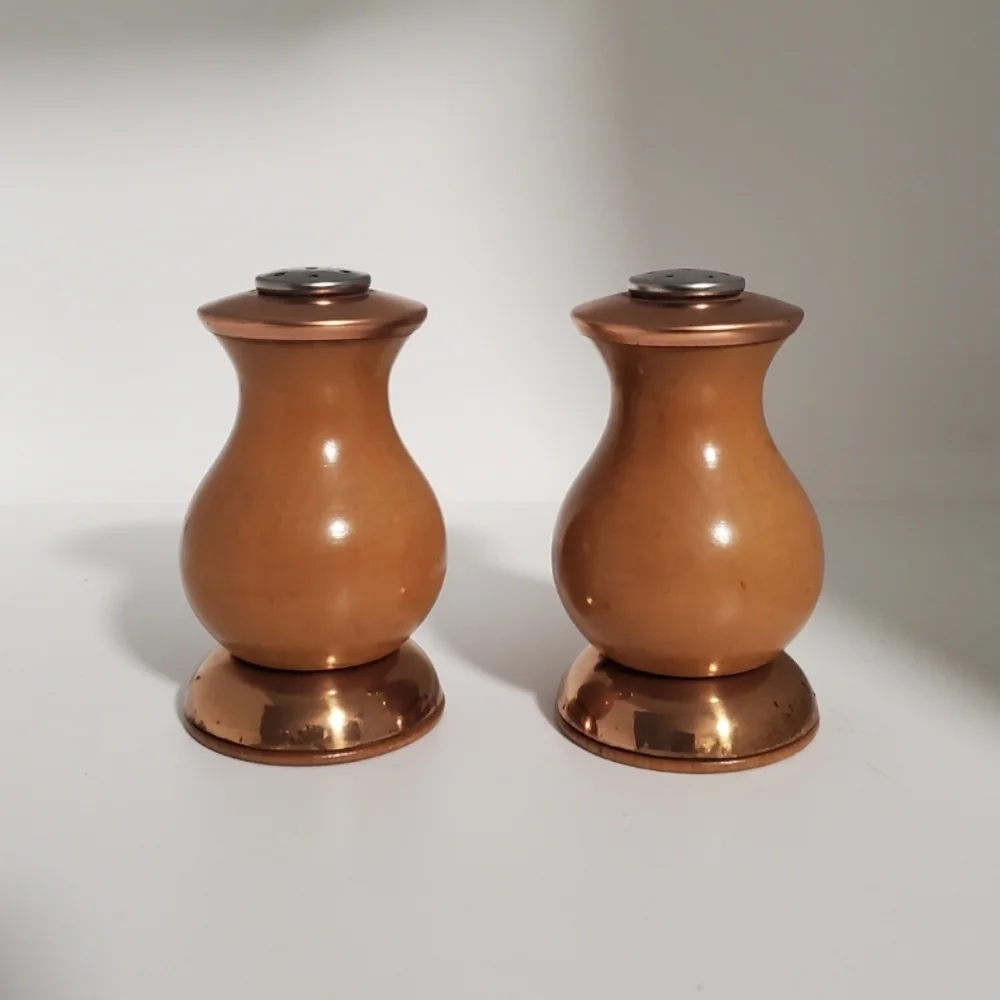 Vintage Wood & Copper Salt and Pepper Shakers